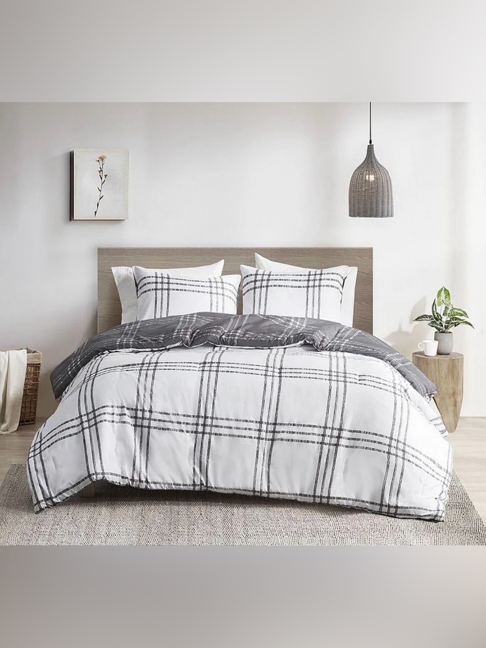 Reversible Plaid Duvet Cover Set - White & Gray